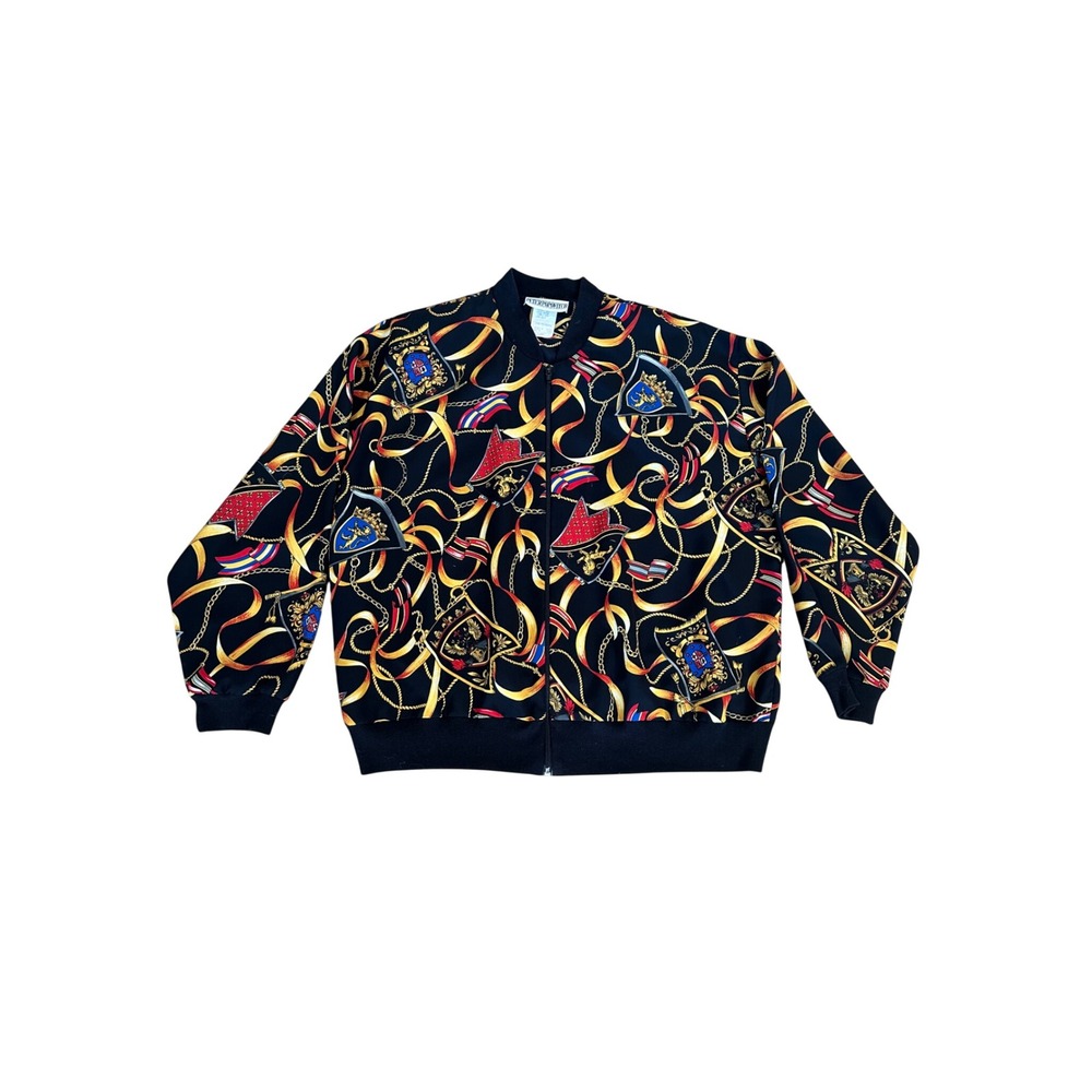 Peter Popovitch Whimsygoth Chain Crest Bomber Jacket‎ Womens L Black Gold Zip
